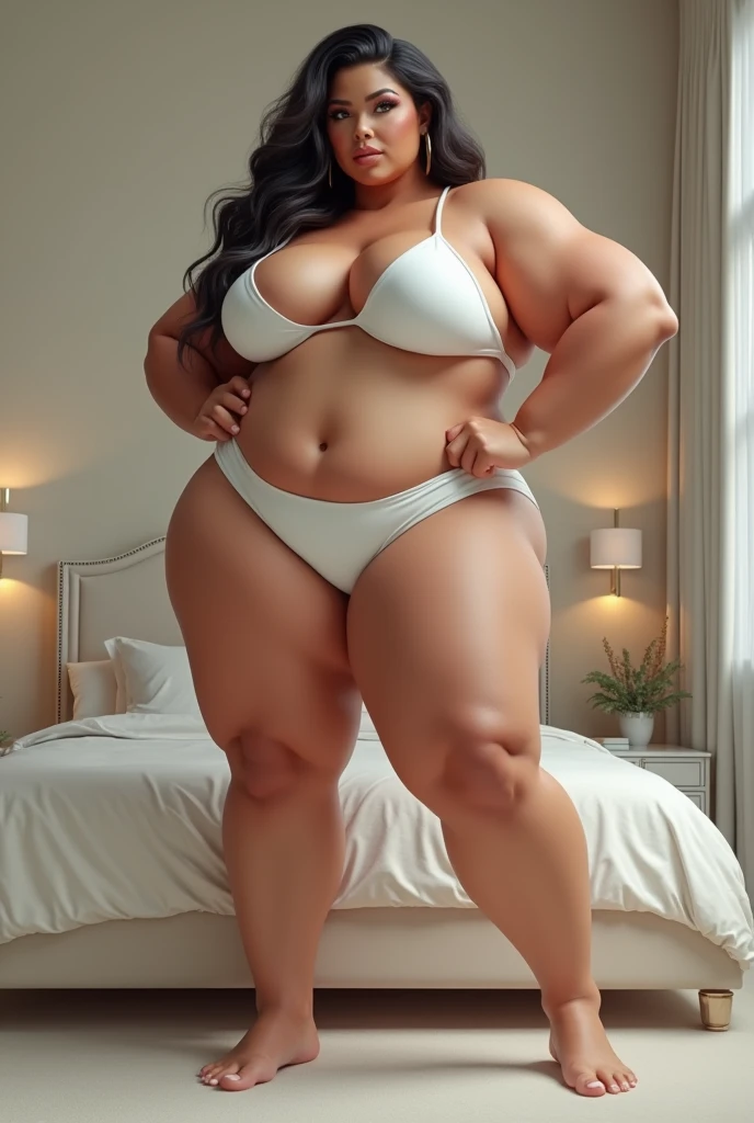 bed room araffe woman in a white micro bikini posing for a picture, a 3D render inspired by Rob Liefeld, tumblr, hyperrealism, thicc, thick body, thicc build, thick thigs, large thighs, hyperrealistic full figure, exaggeratedly large physique, massive legs towering over you, thick, beautiful thick female, powerful and huge