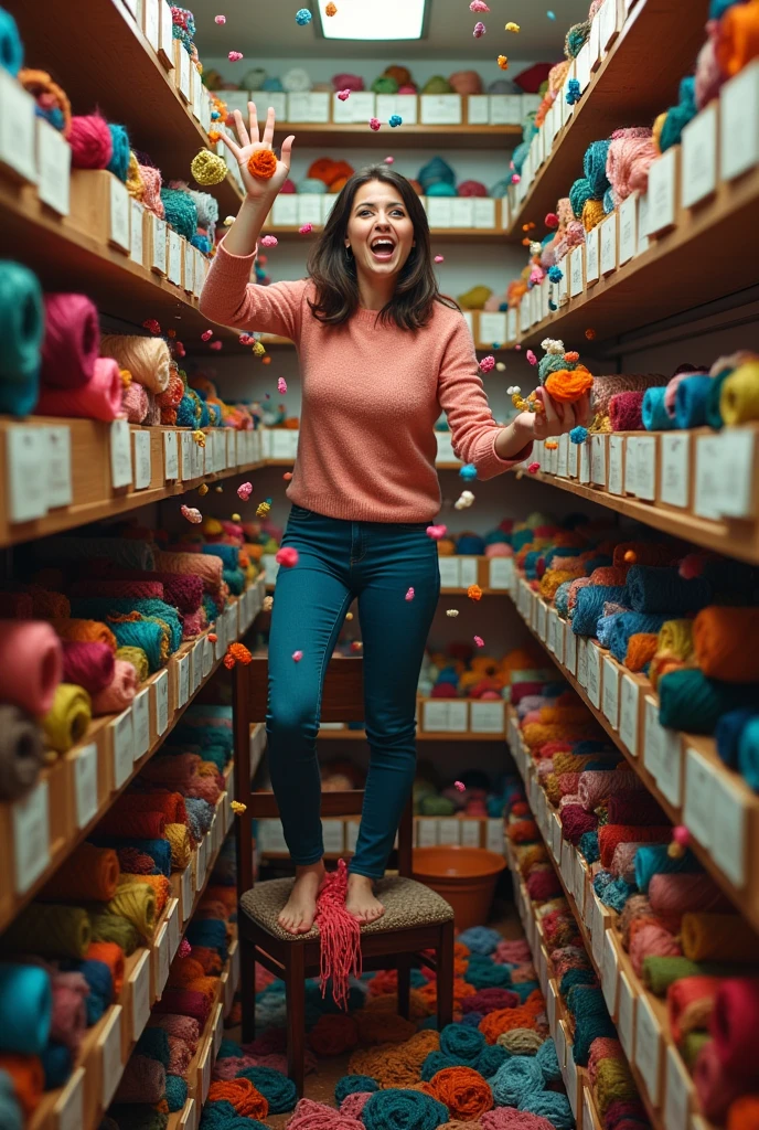 Brunette woman standing on a chair picking up crochet threads that are on the shelves well organized in her stockroom and falling off the chair with so many threads in her hands and arms funny photo, She is separating orders for customers in her online store.. Face of shock like help me I don't want to fall