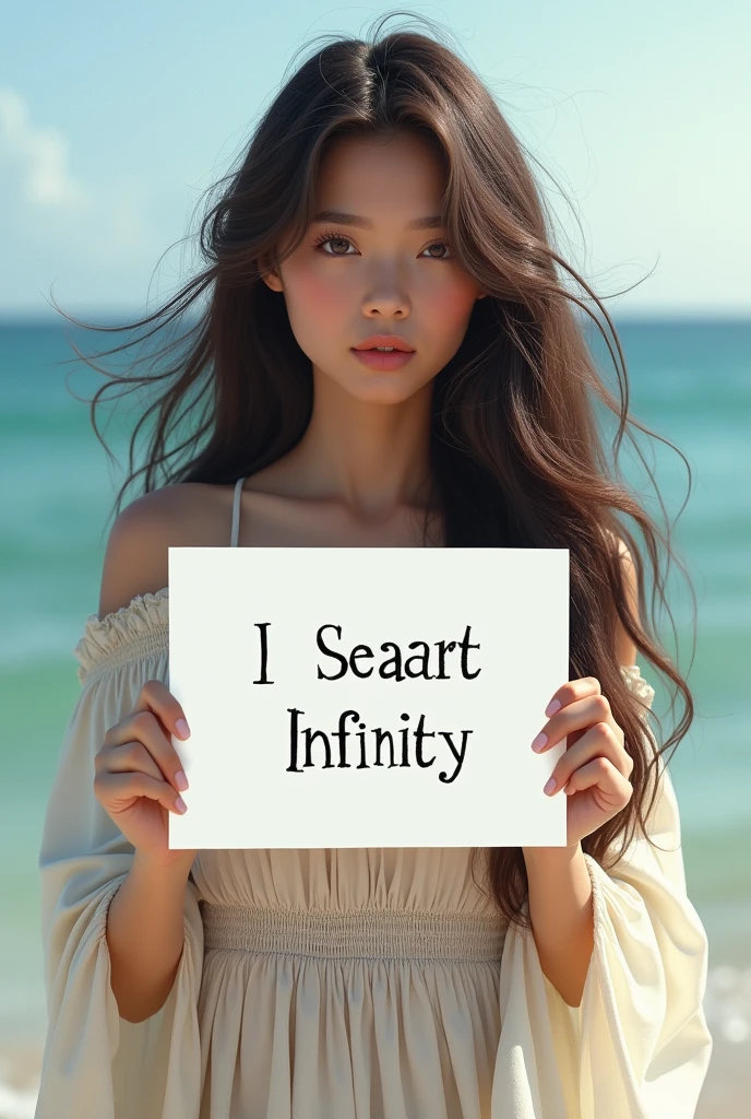 Beautiful girl with wavy long hair, bohemian dress, holding a white board with text "I Love Seaart Infinity" and showing it to the viewer