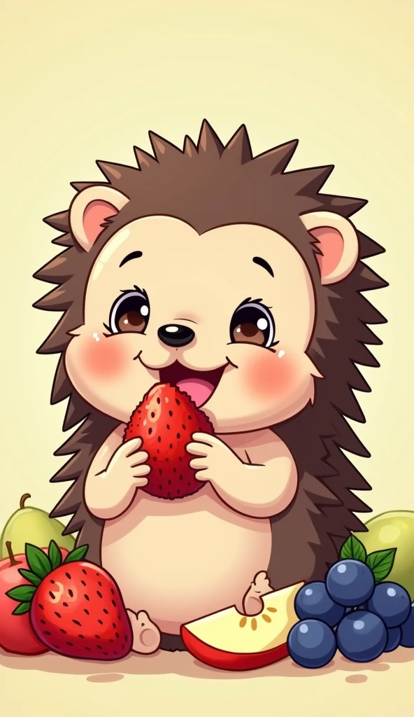 A cute and charming hedgehog character is happily munching on a piece of fruit. The hedgehog, with a joyful expression, holds a juicy strawberry in its tiny paws, savoring each bite. Surrounding the hedgehog are other colorful fruits like blueberries, apple slices, and grapes, creating a vibrant and cheerful scene. The hedgehog's eyes sparkle with delight as it enjoys its treat, and a few drops of juice may even be seen on its adorable face. This heartwarming moment captures the simple joy of the hedgehog indulging in its favorite snacks, highlighting its endearing nature and the delightful innocence of enjoying a tasty fruit feast.