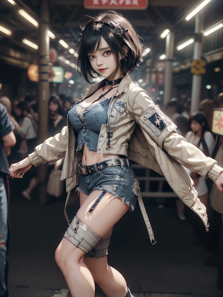 (Full body image:1.4)、(Side view:1.1)、(Smiling with teeth showing:1.3),(Shibuya Gal:1.5)、(hostess:1.4)、(Neo-Goth Fashion:1.5)、(Punk Rock Visual Kei:1.3)、(Futuristic white baby doll, Beige and denim:1.5)、(Delicate denim short jacket, Beige and navy:1.5)、(denim garter belt:1.5)、(Denim and white cargo pants:1.3)、(Heart-shaped silver accessories:1.5)、(Brown Skin Belt:1.4)、(Blue High Heels:1.4)、(Lace Underwear:1.4)、20-year-old、Browsing Caution,((Highest quality、In 8K、masterpiece:1.3))、Sharp focus:1.2、(Layered Cut、Huge boobs:1.1),Beautiful woman with perfect figure:1.4、(Posing as a gravure model:1.3)、Slim Abs:1.2、Butt、Highly detailed face and skin texture、Detailed eyes、double eyelid,(short hair:1.3)、(Black brown hair:1.3)、Obscene、idol carving、(A luxurious amusement park at night:1.3)、(Slimming your legs:1.4)、(Thin thighs:1.4)、(the body is slim:1.3)、(clavicle:1.1)