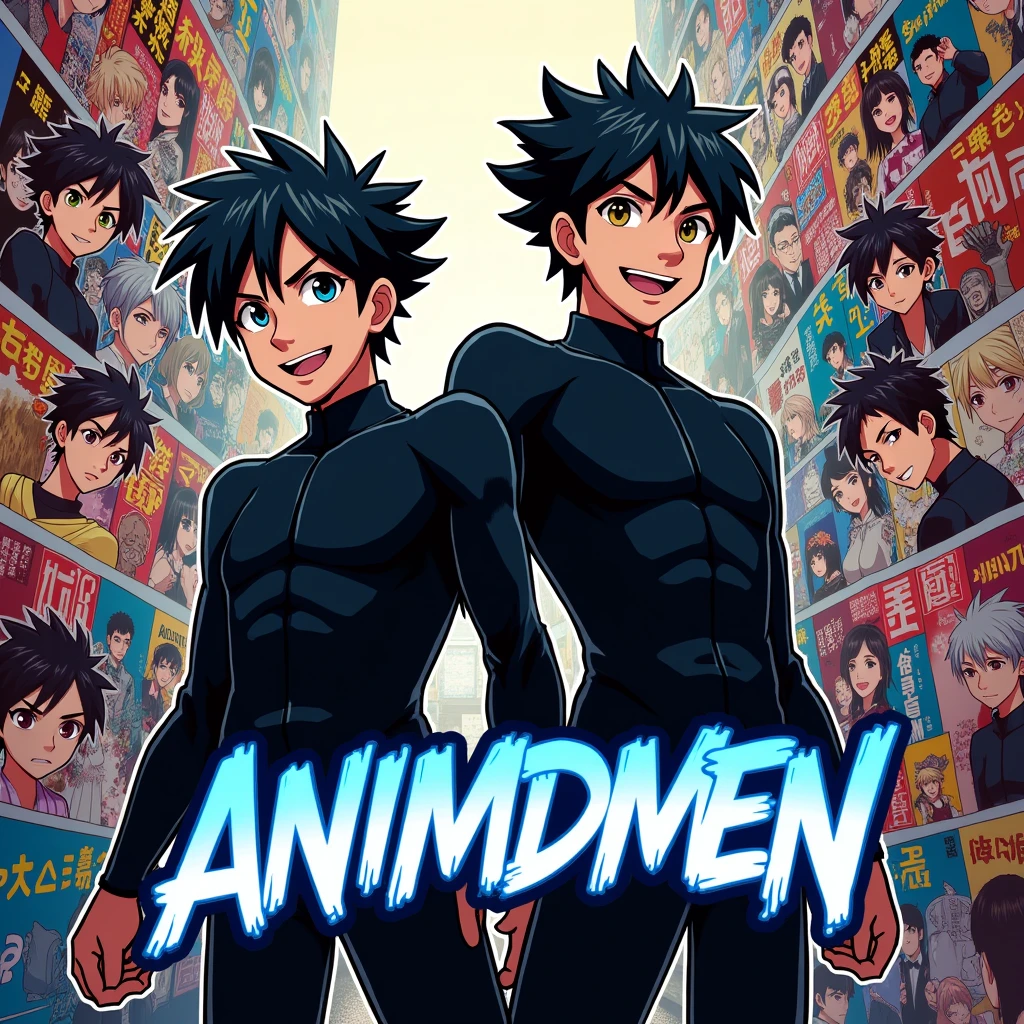 Background is a collage of various action themed manga panels, and in the centre lies animated avatars of a duo of black suited bros in an area covering about 40% of the logo below which is written "ANImidMEN" in blue font colour in joker font style in a 1:1 frame
