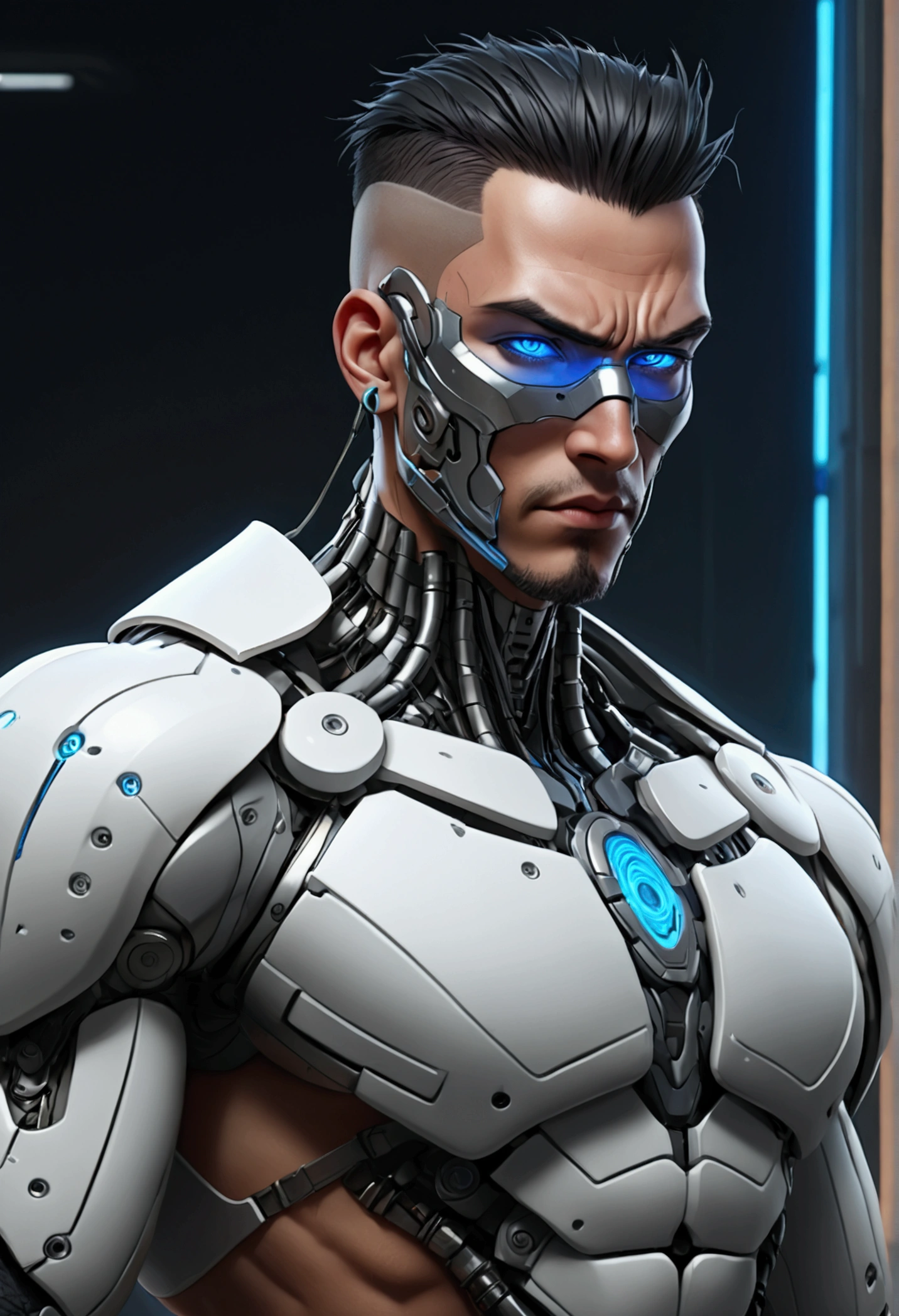 (best quality, Art, animation styling, Full of details), Upper body cut of a man with an Indian warrior feel, A man with a thick facial bone structure, A man with a thick neck and developed trapezius muscles, official anime art illustration, White person with blue eyes, Cartoon of a man wearing a mask on his face, protruding eyes, semi-realistic cyberpunk style, Portrait of a cyberpunk man, cyberpunk art ultrarealistic 8k, cyberpunk style , hyper realist, cyberpunk character, Trends in ArtStation, Complete movie character, Trends in ArtStation 4k, Cyberpunk Cyborg Upper Body, Realistic upper body like a movie, A perfectly realistic cyberpunk hero., inc썩음ibly detailed, 8k, Ultra HD, Art, best quality, very detailed, convoluted, Expressing the upper body, Show me your waist, Cyborg, a machine-to-human ratio, Chest area full of visible machine parts, Machine parts for abs too, All below the neck is mechanical, Attaching machine parts to the face, Strong light emission on waist belt, A brightly lit city background, dark colored machine, full body pose, whole body