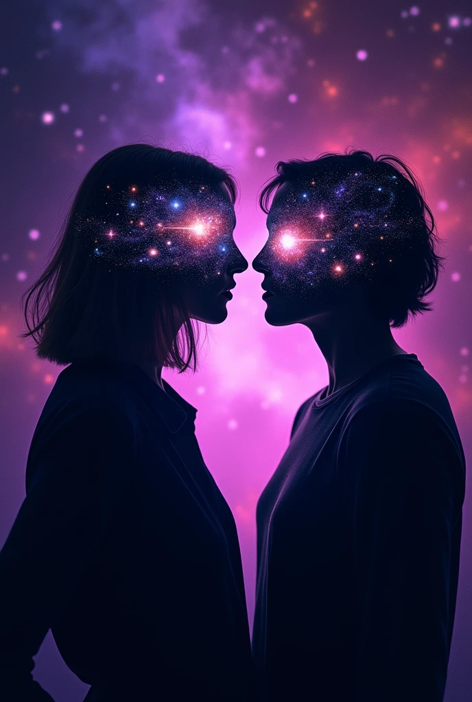 Create a profile photo for a YouTube channel of two people. On the channel, we will address science and philosophy, history, with a purple and black background. Make everything look fantastic and incredible. I don't want realism. A man and a woman. Don't make the two look like they have some kind of love connection. They are friends and don't show their faces. They are just friends. I make it look forward, but put a universe mask on their faces. The woman has short hair.