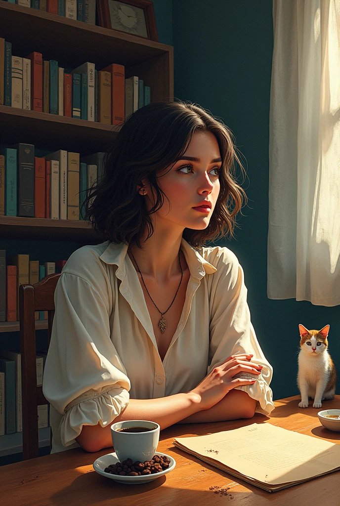 (Full zoom out View) Ink splashes, image of beautiful poetess girl 25 Y.O. Sitting on table with cup of coffee and cat is sitting with side the table and background is a poetry room in which the girl is sitting, on kraft paper in the technique of aerosol painting, ink, high resolution. the whole scene should be visible, like full table. zoom out pic