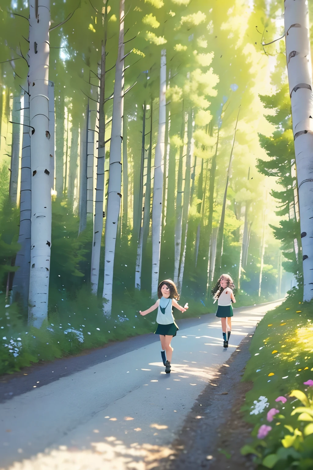 Mountain path, fir trees, birch trees, children playing perfect body, high definition hadr, flowers, butterflies, flying birds, landscape, birds chirping, sunlight filtering through the trees, soft breeze, lush green foliage, sparkling water reflections, vibrant wildflowers, joyful laughter, carefree children's expressions, dynamic brushstrokes, mountain, harmonious composition.perfect face