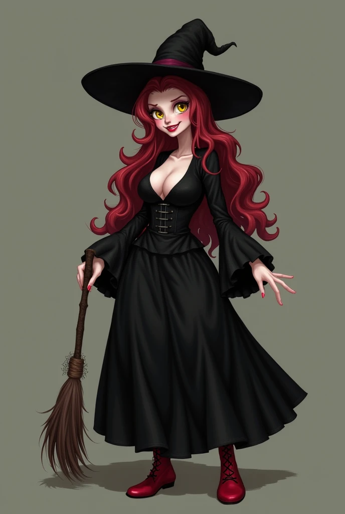 This is Sylvia, Witch. Her clothes are black. Her shoes are red. Her eyes are big and yellow. She has a great cleavage, Red Nose. She has a big mouth. she is scary!