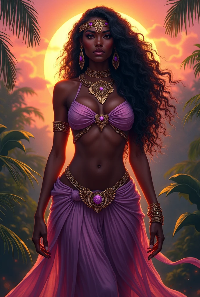 Create the image of the goddess of love from Brazilian indigenous culture, skin black, sultry posing, lilac and pink clothes.