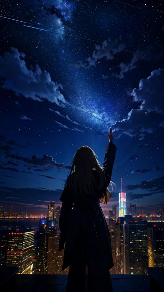 1people々々々々々々々々々々々々々々々々々,Blonde long-haired woman,Long coat, Dress Silhouette, Rear View,Space Sky, comet, Anime Style, City night view from the rooftop,A pillar of light stretching into space,Destroyed city,