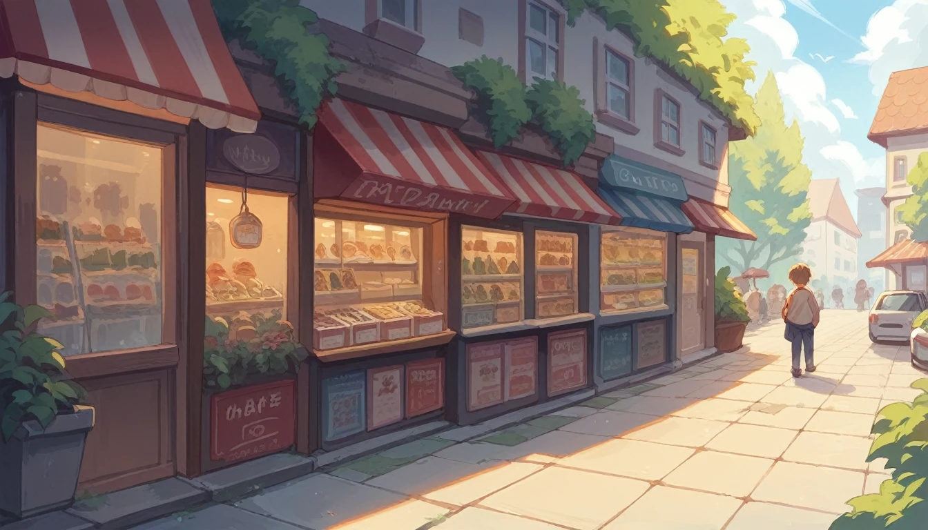 A street filled with cute shops, Square with a fountain