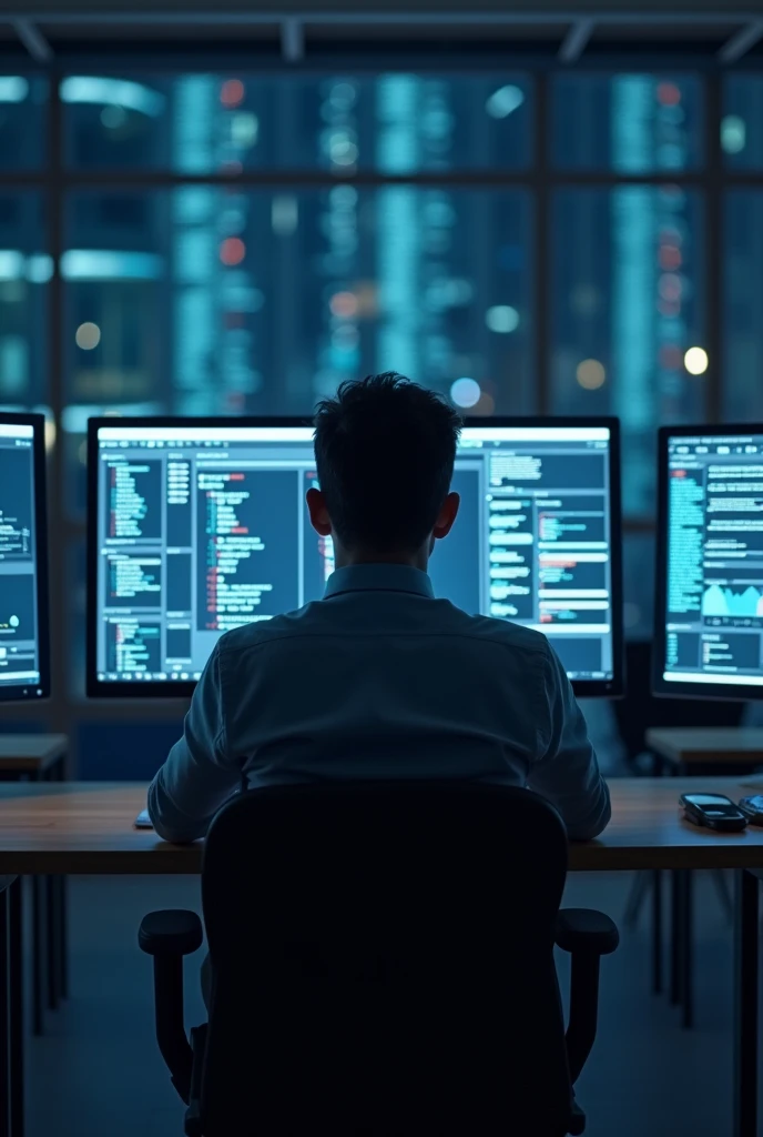 Front view of a man focused on a work environment with computers to illustrate the concept of cybersecurity
