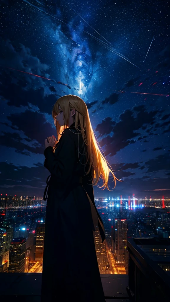 １people々々々々々々々々々々々々々々々々々,Blonde long-haired woman，Long coat， Dress Silhouette， Rear View，Space Sky, comet, Anime Style, City night view from the rooftop，A pillar of light stretching into space，Destroyed city，