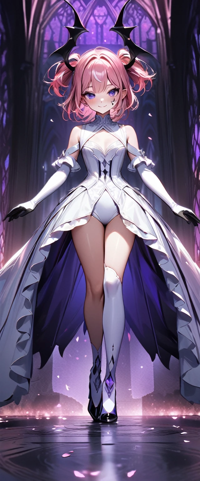 UHD, masterpiece, best quality, extremely detailed, anatomically correct, sharp focus, Midnight, purple moon, Church , altar isle, falling petals, ((full body portrait)), 1girl, solo, camilavtuber, ((pink hair)), short hair, shoulder length hair, (black head wings:1.1), ((twin ponytail)), purple eyes, facial mark, smiling, slim arms, white arm sleeves, white gloves, small chest, 1devil wing, white wedding gown, high slit gown, slim legs, white stockings, black high heels, full body shot, close up, innocent pose, Eye-Level Shot, front view, innocent pose