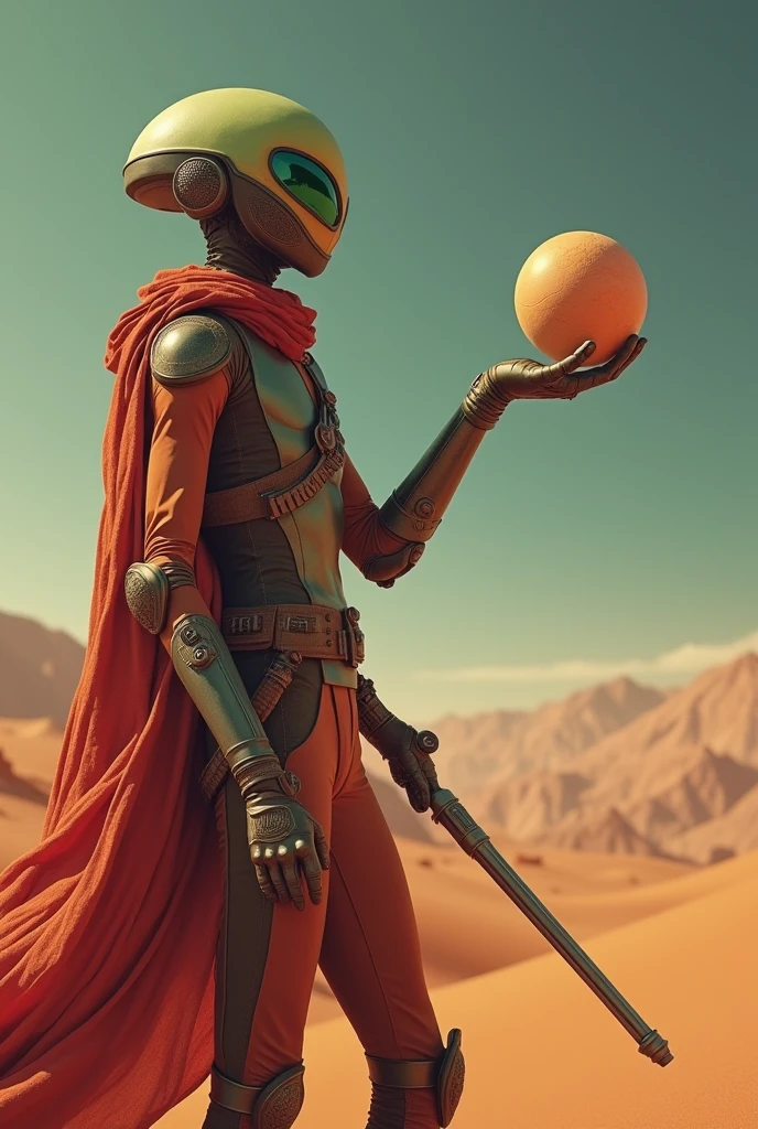 Realistic Martian looking forward holding the planet Kleper in his hand 
