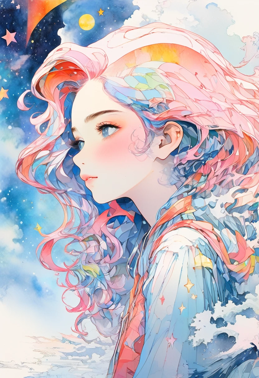 (masterpiece, Highest quality, Highest quality,Watercolor (Moderate),Official Art, beautifully、aesthetic:1.2),(One girl:1.3), (Fractal Art:1.3),Upper Body, From the side, View your viewers,pattern,(Rainbow Hair,colorful hair,Half Blue、Half pink hair:1.2), cloud,colorful, Starry sky,performer,City