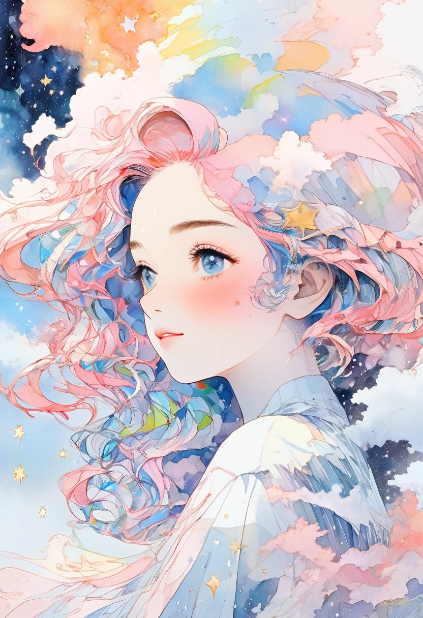 (masterpiece, Highest quality, Highest quality,Watercolor (Moderate),Official Art, beautifully、aesthetic:1.2),(One girl:1.3), (Fractal Art:1.3),Upper Body, From the side, View your viewers,pattern,(Rainbow Hair,colorful hair,Half Blue、Half pink hair:1.2), cloud,colorful, Starry sky,performer,City