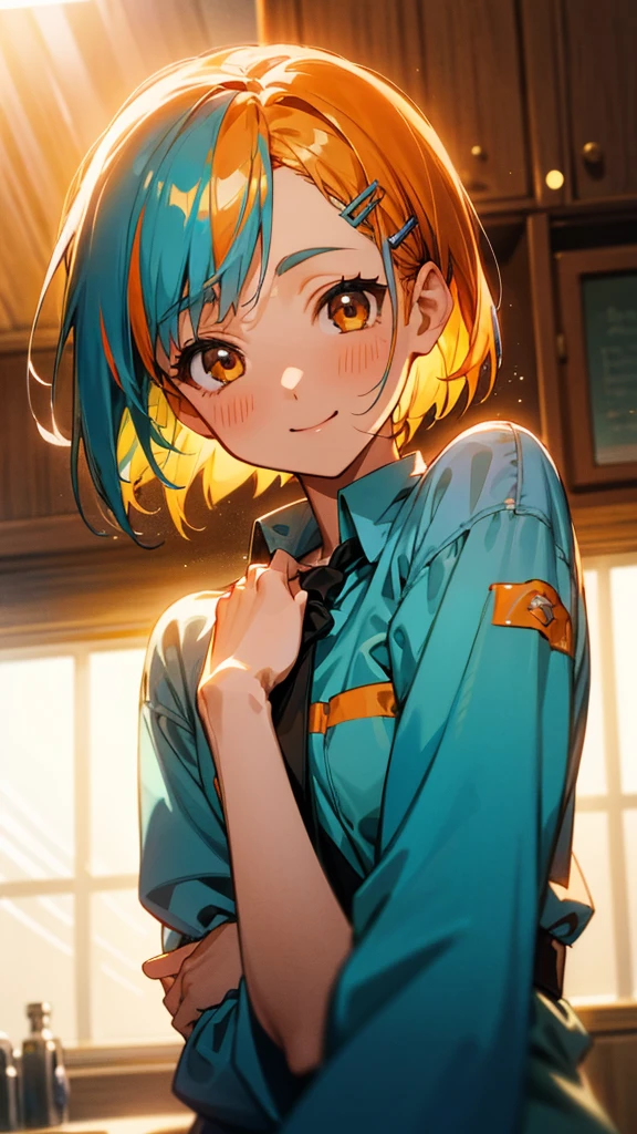 1 girl、Anime Images、kitchen、Delicious food、shrimp、Clasp your arms in front of your chest、Shiny light blue hair、Short Bob Hairstyles、Tie your hair with an orange hair clip、Beautiful brown eyes、smile、Upper body close-up、Sharp contours、Background Blur、Written boundary depth