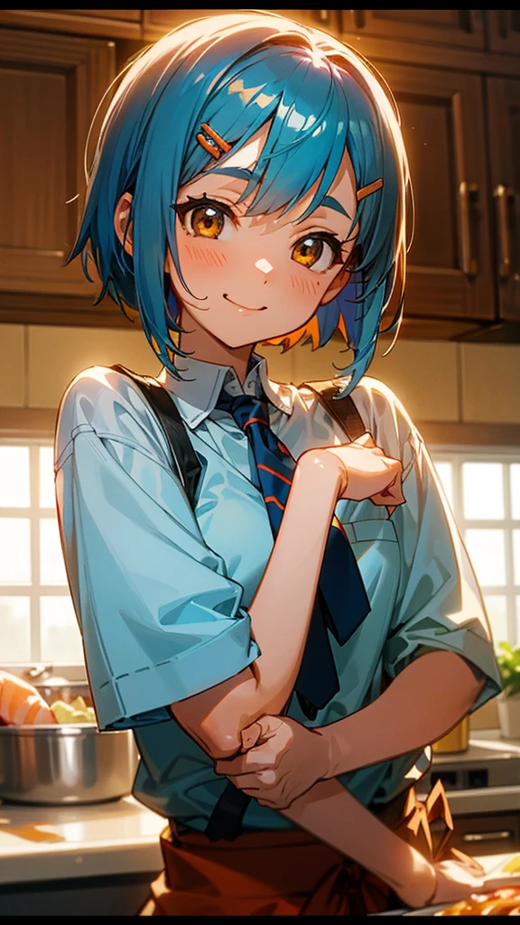 1 girl、Anime Images、kitchen、Delicious food、shrimp、Clasp your arms in front of your chest、Shiny light blue hair、Short Bob Hairstyles、Tie your hair with an orange hair clip、Beautiful brown eyes、smile、Upper body close-up、Sharp contours、Background Blur、Written boundary depth