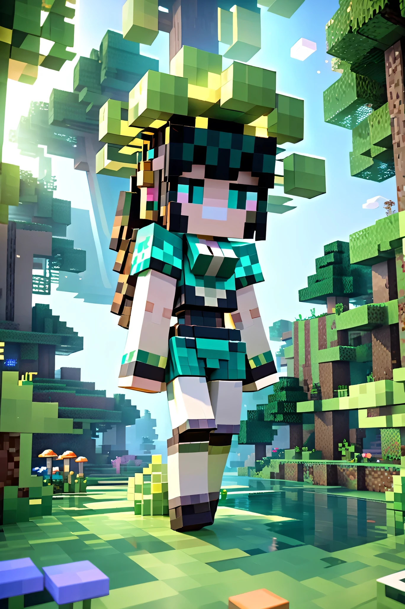 1girl, minecraft, fantasy landscape, low poly style, voxel art, cute chibi, big eyes, beautiful detailed face, soft pastel colors, magical glowing particles, floating islands, blocky trees, whimsical mushrooms, detailed grass and foliage, sunbeams, cinematic lighting, photorealistic, 8k, highres, best quality, masterpiece