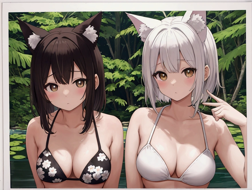 (Printed Polaroid Photo\(2females および2人の女の子 cute,cute Five fingers Five fingers Small wolf ears Small wolf ears White Shorthair Brown short hair Petite Petite She has big breasts She has big breasts first round first round Swimwear bikini The background is a pond in the forest