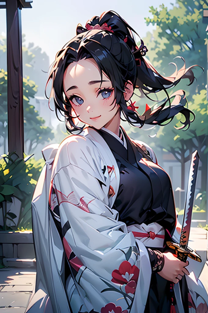 (((beautiful))), (((kimono, Holding a sword))), ((Black Hair, parted bangs, forehead, ponytail, hair ornaments, Chubby)), One Woman, Small breasts, Glowing Skin, (((Intricate details))), High resolution, ((Intricate details, Ultra-detailed)), Are standing, from front, wide shot, (looking at viewer, look at viewer), Red cheeks, smile, night, garden,