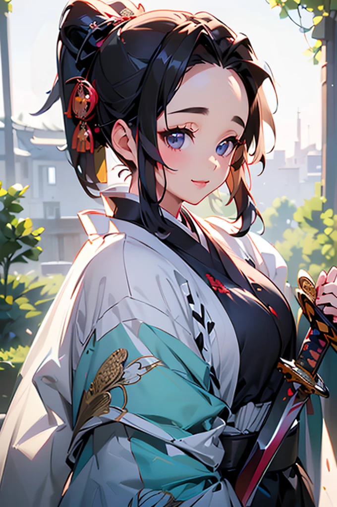 (((beautiful))), (((kimono, Holding a sword))), ((Black Hair, parted bangs, forehead, ponytail, hair ornaments, Chubby)), One Woman, Small breasts, Glowing Skin, (((Intricate details))), High resolution, ((Intricate details, Ultra-detailed)), Are standing, from front, wide shot, (looking at viewer, look at viewer), Red cheeks, smile, night, garden, 