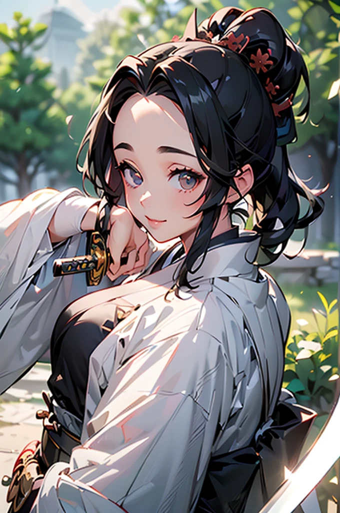 (((beautiful))), (((kimono, Holding a sword))), ((Black Hair, parted bangs, forehead, ponytail, hair ornaments, Chubby)), One Woman, Small breasts, Glowing Skin, (((Intricate details))), High resolution, ((Intricate details, Ultra-detailed)), Are standing, from front, wide shot, (looking at viewer, look at viewer), Red cheeks, smile, night, garden,