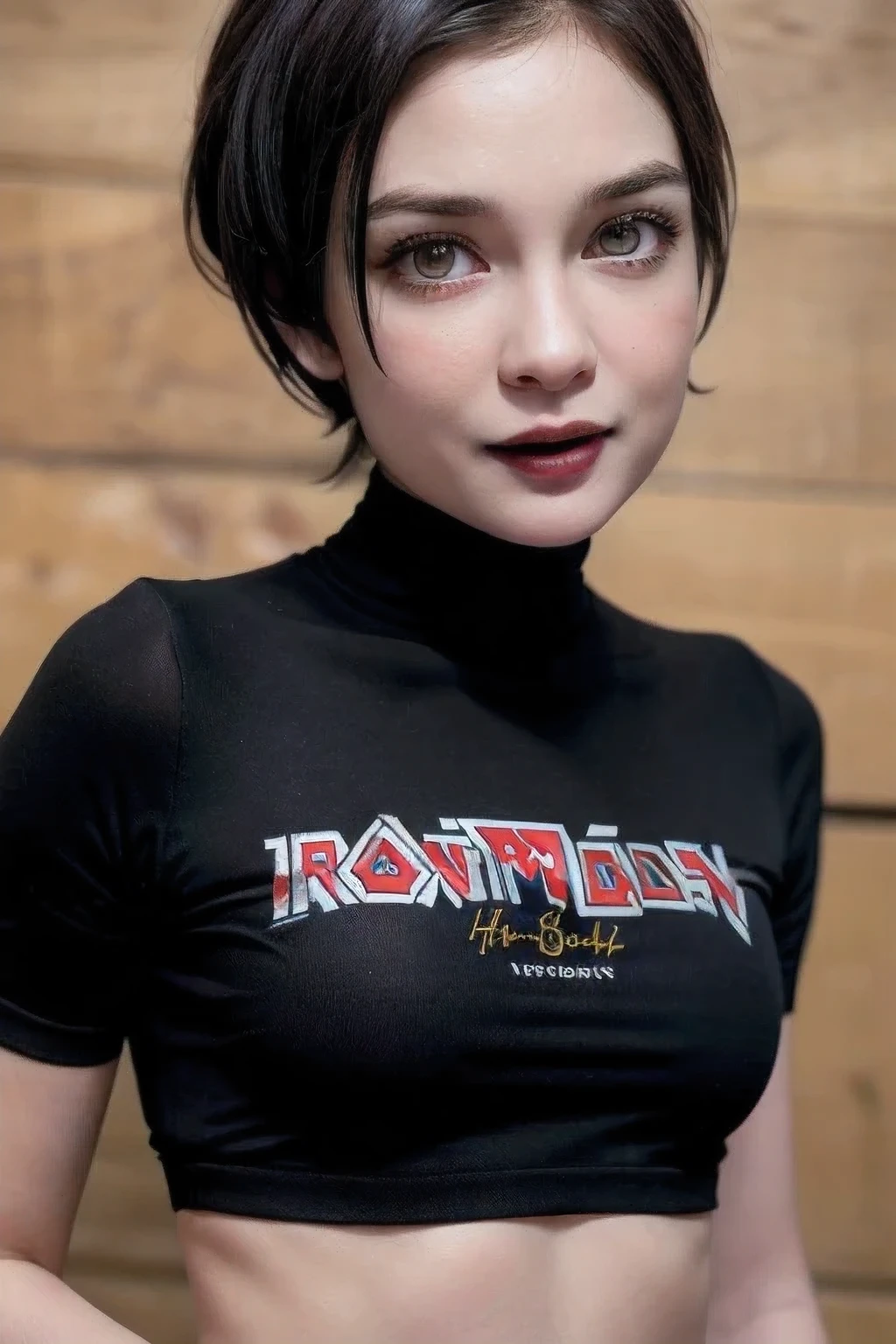 ((NECK SPIKE:1.2)), ((GOTHIC BLACK EYELASHES & LIPS)), ((BLACK LIPS)), ((shorthaircut:1.3)), adorable, 1 girl, (face to face), , baby face, hf body portrait, (face details: 1), (eye details: 1), ((tiny breasts)). ((croptank "IRON MAIDEN" logo)), ((net stockings))