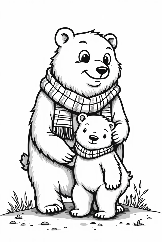 25 Cartoon Style Line Drawings of an Elderly Grizzly Bear, with a navy blue scarf with white and red stripes, in different poses, doing different activities with your grandson, a baby polar bear, in different scenarios such as the forest, the house and the park. Simple background with natural elements. Drawings suitable for a coloring book