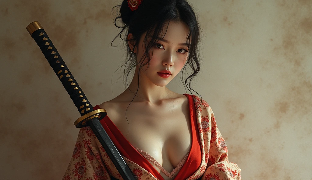 
beautiful japanese woman with big breasts in revealing kimono and katana