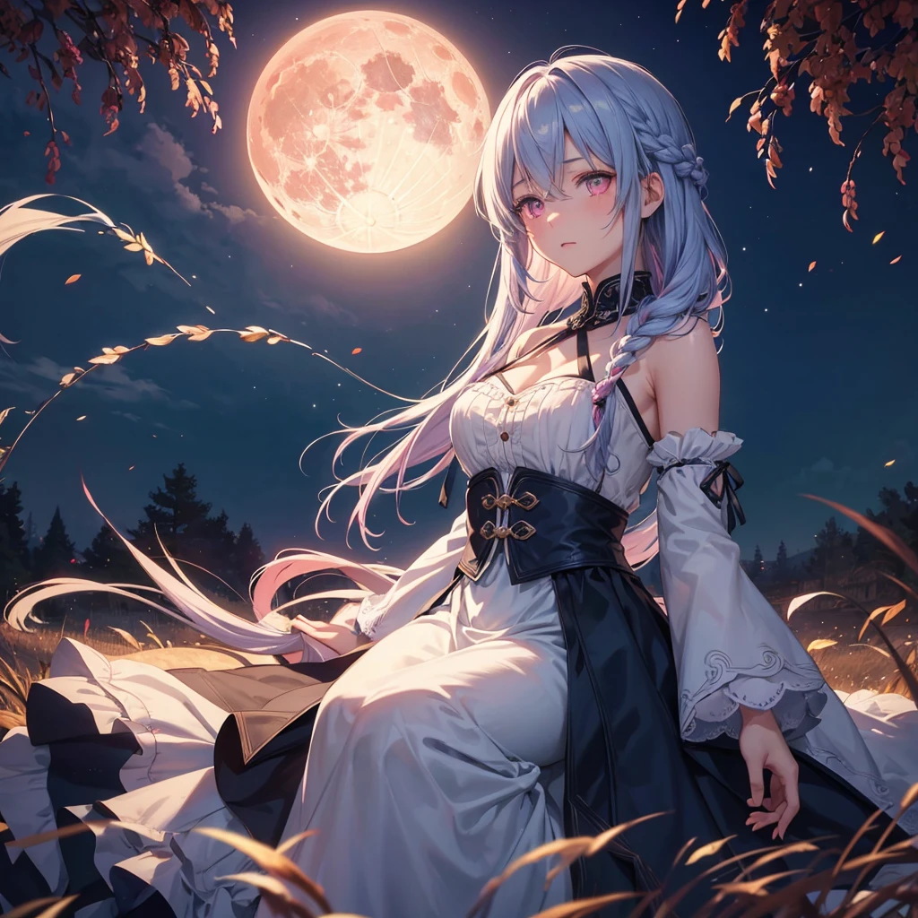 (Braiding),(Sky blue medium hair), (Pink eyes),(Fair skin) ,(whole body),(One Girl),(harvest moon),(A large amount of Miscanthus sinensis in the background),autumn,(full moon),(masterpiece, Highest quality, Very detailed, Best Shadow), (Detailed Background), (Beautifully detailed face), High Contrast, (Best lighting, Very delicate and beautiful), ((Cinematic Light)), Hyper Detail,8k, Dramatic Light, Intricate details
