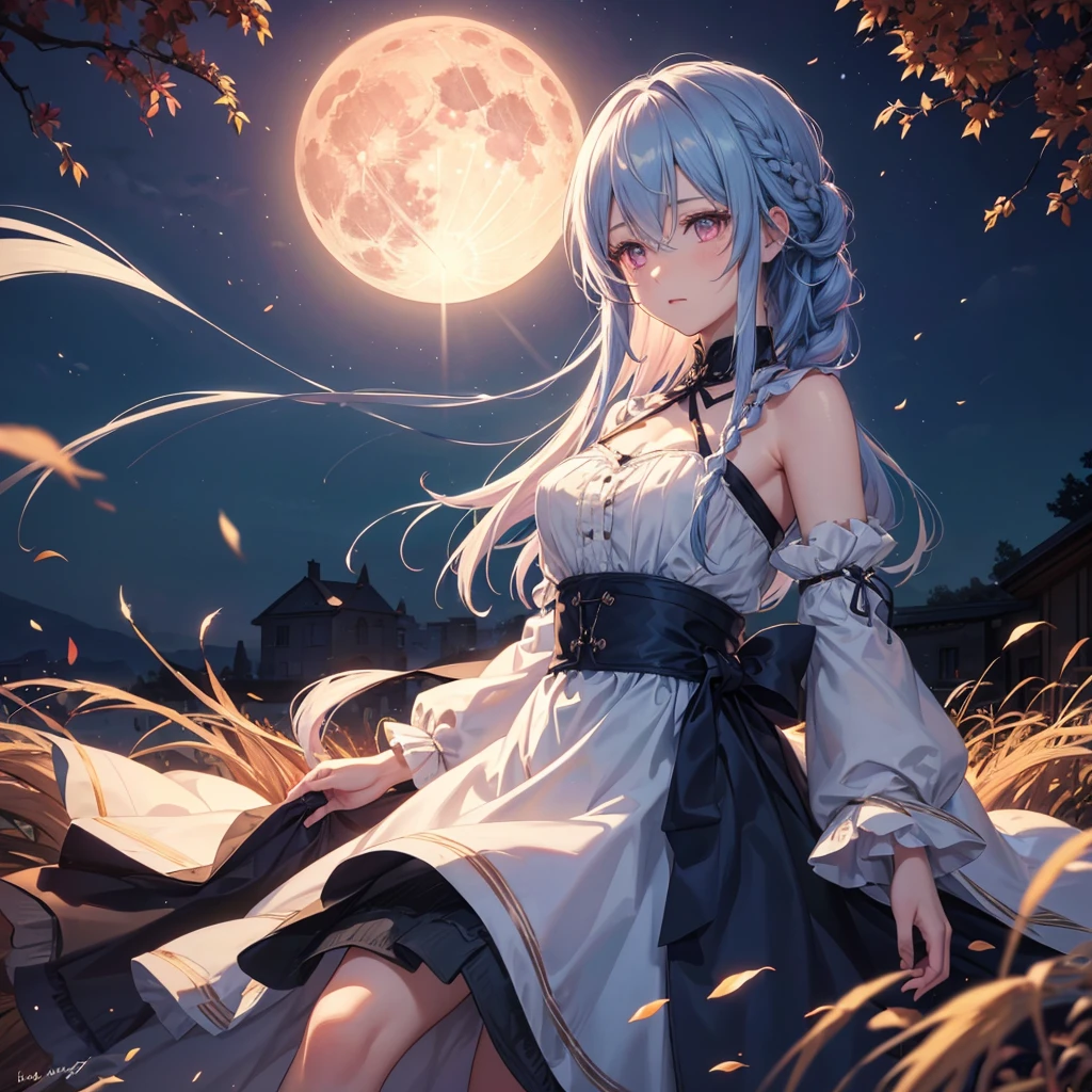 (Braiding),(Sky blue medium hair), (Pink eyes),(Fair skin) ,(whole body),(One Girl),(harvest moon),(A large amount of Miscanthus sinensis in the background),autumn,(full moon),(masterpiece, Highest quality, Very detailed, Best Shadow), (Detailed Background), (Beautifully detailed face), High Contrast, (Best lighting, Very delicate and beautiful), ((Cinematic Light)), Hyper Detail,8k, Dramatic Light, Intricate details