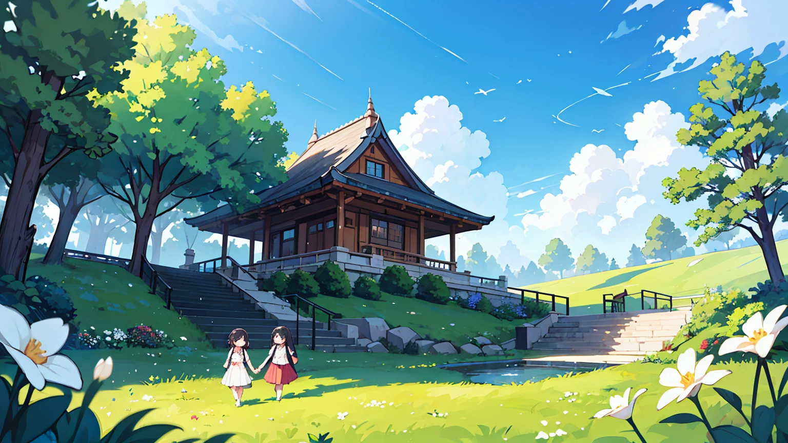 (걸작, 최고의 품질),세밀한 붓터치,자세한 케릭터,Create an image of a couple holding hands, walking up a set of stairs towards a beautiful blue sky with fluffy clouds. The scene conveys a sense of romance and connection, integrated into the sky as if part of the cloudscape. The ground is covered with lush green grass and dotted with white flowers, enhancing the dreamy and serene atmosphere.