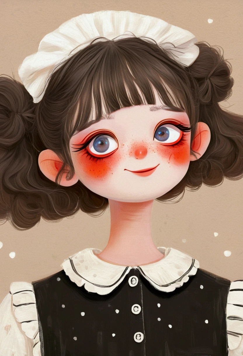 A painting，Pastel Art：Little girl in black and white maid costume。big eyes，short hair，laughing out loud，teeth。Lovely art style, Lovely and detailed digital art, Cute numbers艺术, Lovely artwork, Kawaii realistic portrait, Change, Cute numbers, Lovely portrait, Kasuga, Lovely characters, Cute, colorful and adorable
