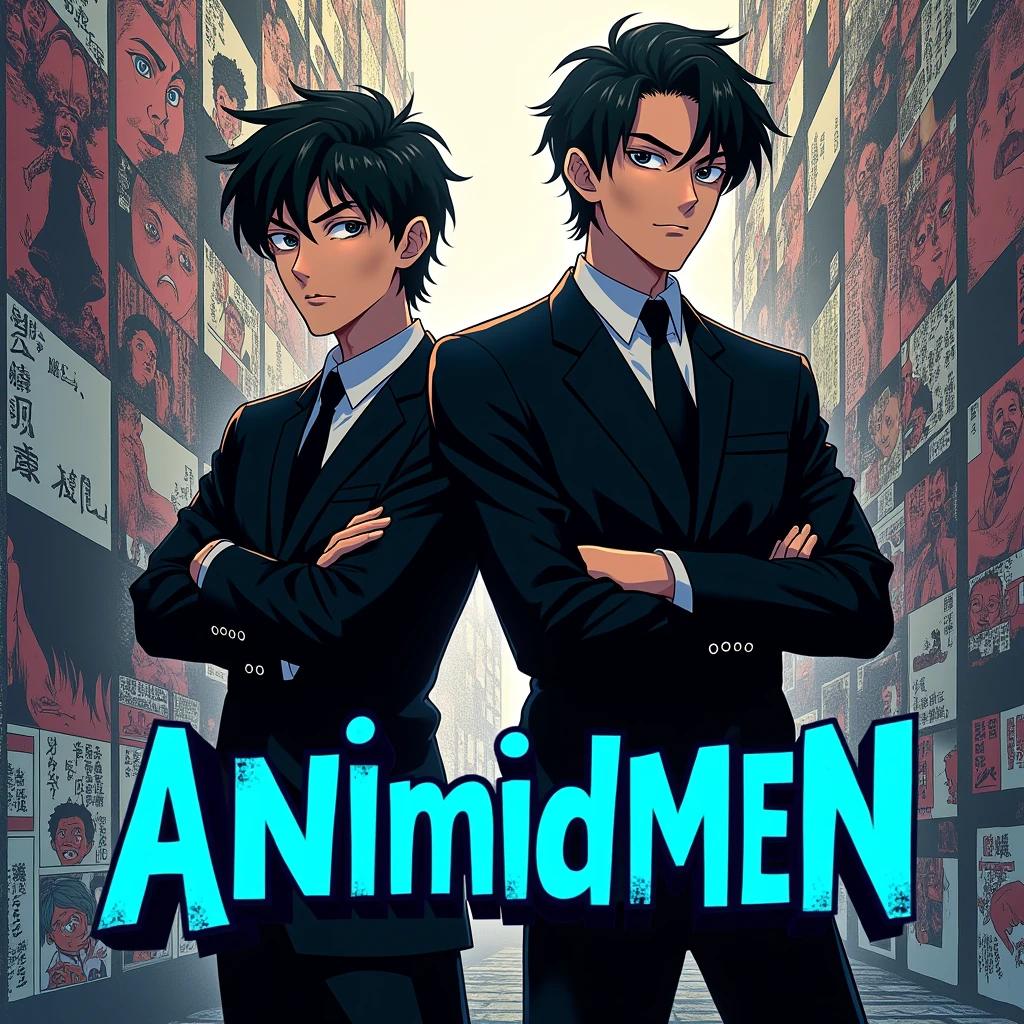 Background is a collage of various action themed manga panels, and in the centre lies animated avatars of a duo of black suited men in an area covering about 40% of the logo below which is written "ANImidMEN" in blue font colour in joker font style in a 1:1 frame
