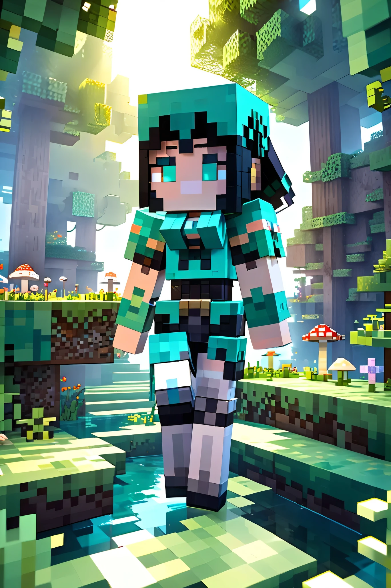 1girl, minecraft, fantasy landscape, low poly style, voxel art, cute chibi, big eyes, beautiful detailed face, soft pastel colors, magical glowing particles, floating islands, blocky trees, whimsical mushrooms, detailed grass and foliage, sunbeams, cinematic lighting, photorealistic, 8k, highres, best quality, masterpiece