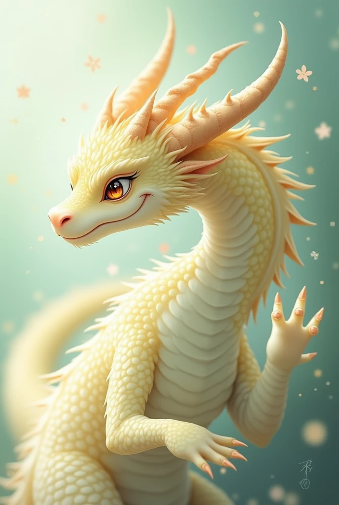 Create light-colored dragon , anime type , tender