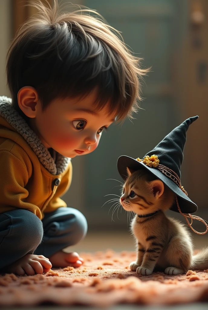 Boy watching his cat playing with a mini human like doll wearing a witch like hat