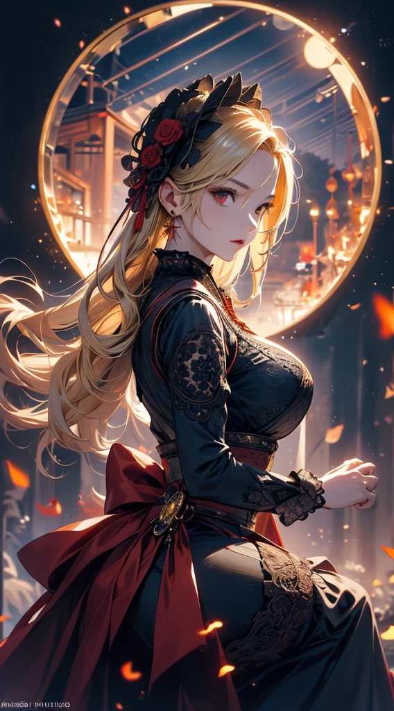 masterpiece, high quality, 4K, Beautiful design, silhouette，blonde， 非常に詳細な夜のStarry Sky,Flower Field， wonderful, Finer details,  Very knowledgeable woman, Highly detailed solo, 1 female,Red eyes，Big Breasts，Gothic Lolita Fashion，Night view，Starry Sky，full moon，