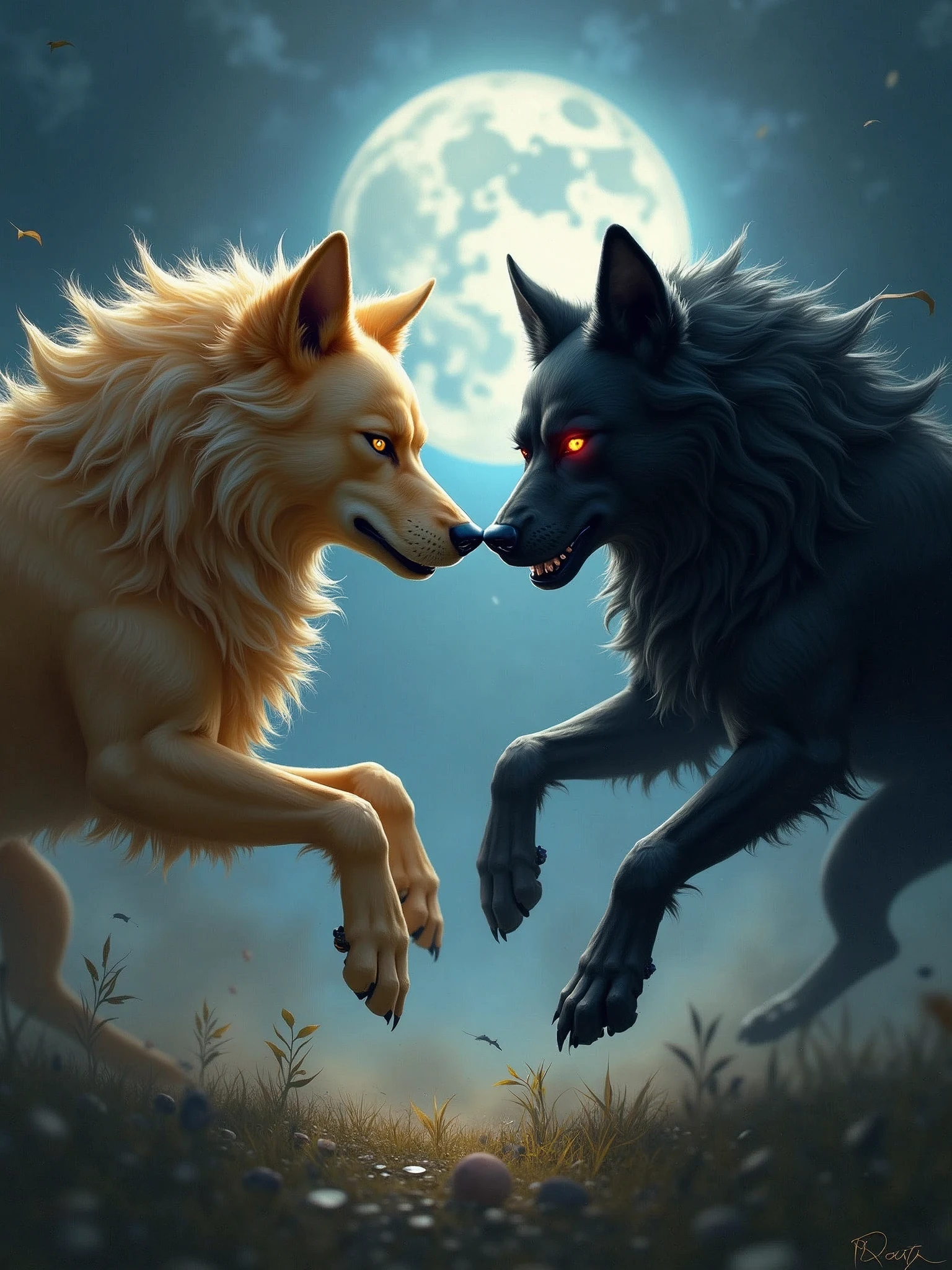 clearing! Here is a detailed prompt to create an AI image that represents the fight between two dogs symbolizing good and evil:
"Create a dramatic scene of a fight between two dogs in a nighttime setting. On one side, a dog with a shiny golden coat, with a noble and serene look, representing the good. on the other side, a dog with a dark, black coat, with intense and threatening eyes, symbolizing evil. The dogs are standing in the middle of a moonlit clearing, with deep, contrasting shadows all around. The atmosphere must be charged with tension, with an aura that highlights the struggle between light and darkness."