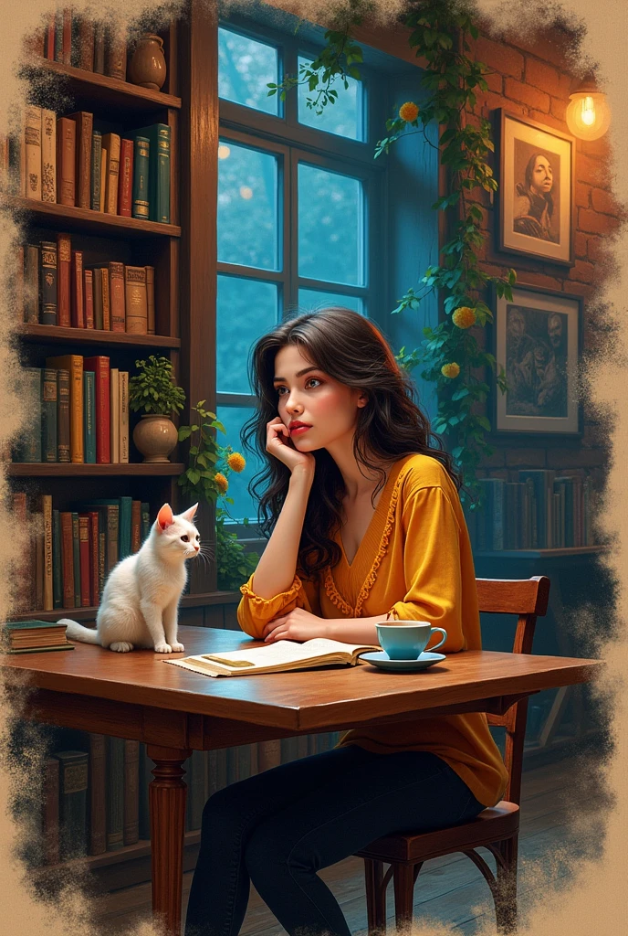 (Full zoom out front View) Ink splashes, image of beautiful poetess girl 25 Y.O. Sitting on table with cup of coffee and cat is sitting with side the table and background is a poetry room in which the girl is sitting, on kraft paper in the technique of aerosol painting, ink, high resolution. the whole scene should be visible, like full table. zoom out pic