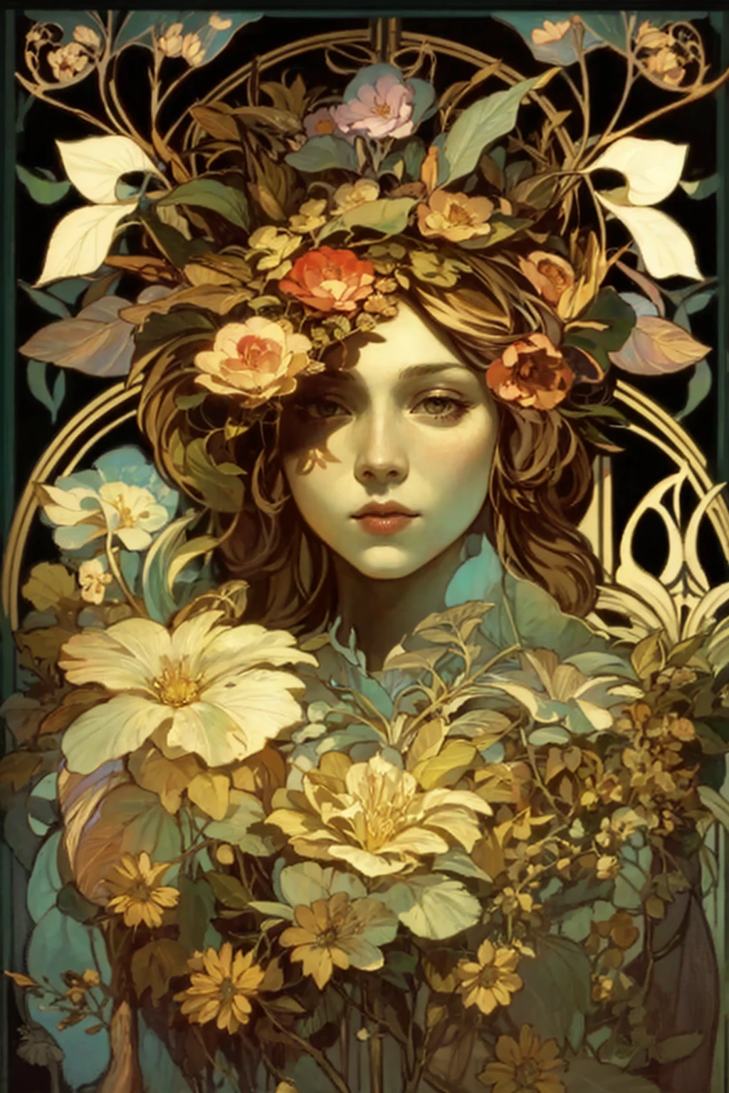 intricate floral patterns, detailed petals, vibrant colors,
art nouveau style, Alfons Mucha inspired,
a Girl,
photorealistic, 8k, best quality, masterpiece,