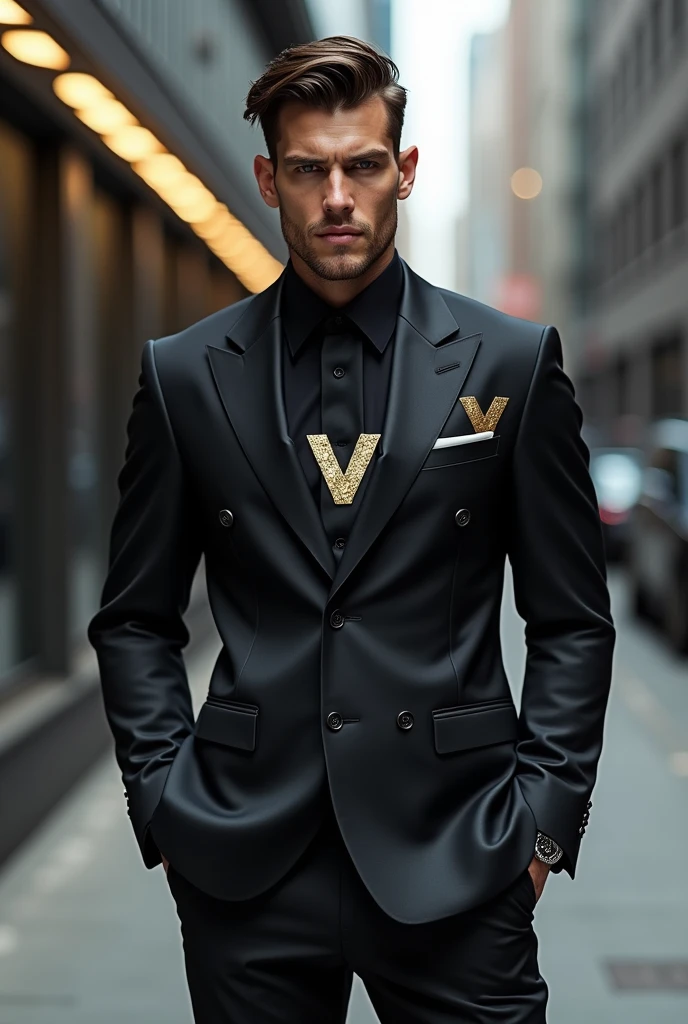 Make a suit with the vlone symbol in the middle of the Vlone brand suit , make vlone writing, MAKE A SUIT make a man wearing it 