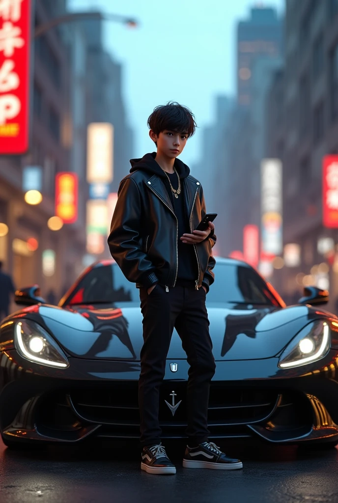 ((RAW Photo), absurd, (absurdresolution)), masterpiece, best quality, (Extremely detailed 8k unity CG wallpaper), (best illustration), (best shadow), Realistic lighting, beautiful detailed glow, ((21 years old)), boy, short black hair, black car back side, accessories, iphone in hand, (((Photographic Perspective of her)))