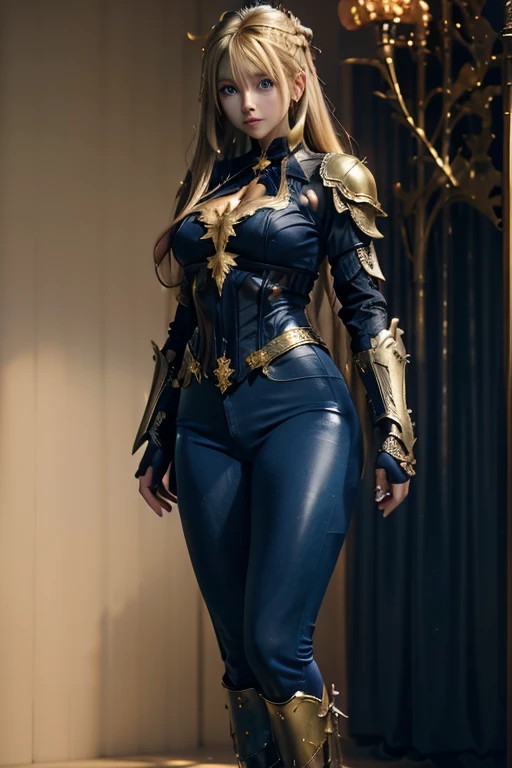 Create an image of a character in ornate golden armor with long flowing hair, standing confidently within an elaborate frame against a sky backdrop. The character is a 25-year-old woman with an anime style. She is wearing tight blue pants. The character is also wearing armored boots. The character has blonde hair and blue eyes. The background is an autumnal landscape. The character can have a dragon made of electricity. The image should be of high quality and the character should be holding a magical sword.