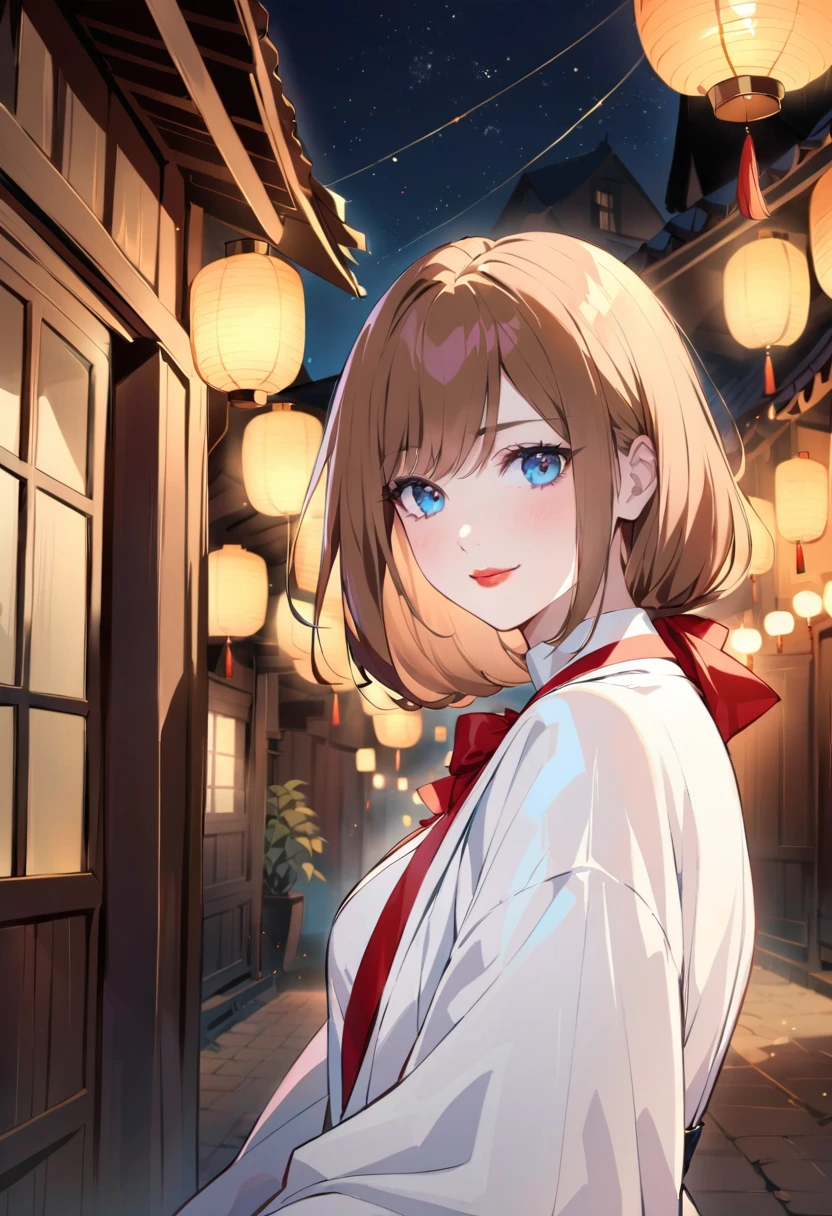 (Extremely refined: 1.2), 1 Girl, Bangs, blue eyes, Vague, Vague background, bow, Brown hair, Residence, side view, Hair between the eyes, hair bow, lantern, Light Particles, Long sleeve, Looking at the audience, Medium Length Hair, night, red bow, Solitary, Star(Symbolism), Upper Body, Smile, Red lips