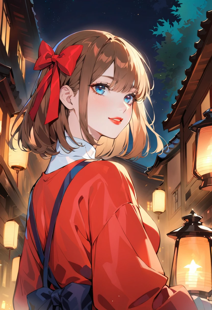 (Extremely refined: 1.2), 1 Girl, Bangs, blue eyes, Vague, Vague background, bow, Brown hair, Residence, side view, Hair between the eyes, hair bow, lantern, Light Particles, Long sleeve, Looking at the audience, Medium Length Hair, night, red bow, Solitary, Star(Symbolism), Upper Body, Smile, Red lips