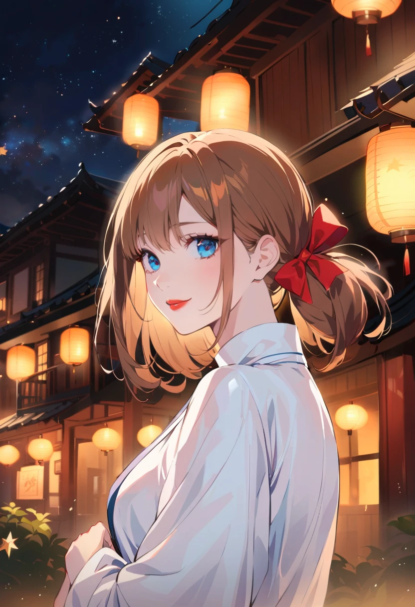 (Extremely refined: 1.2), 1 Girl, Bangs, blue eyes, Vague, Vague background, bow, Brown hair, Residence, side view, Hair between the eyes, hair bow, lantern, Light Particles, Long sleeve, Looking at the audience, Medium Length Hair, night, red bow, Solitary, Star(Symbolism), Upper Body, Smile, Red lips