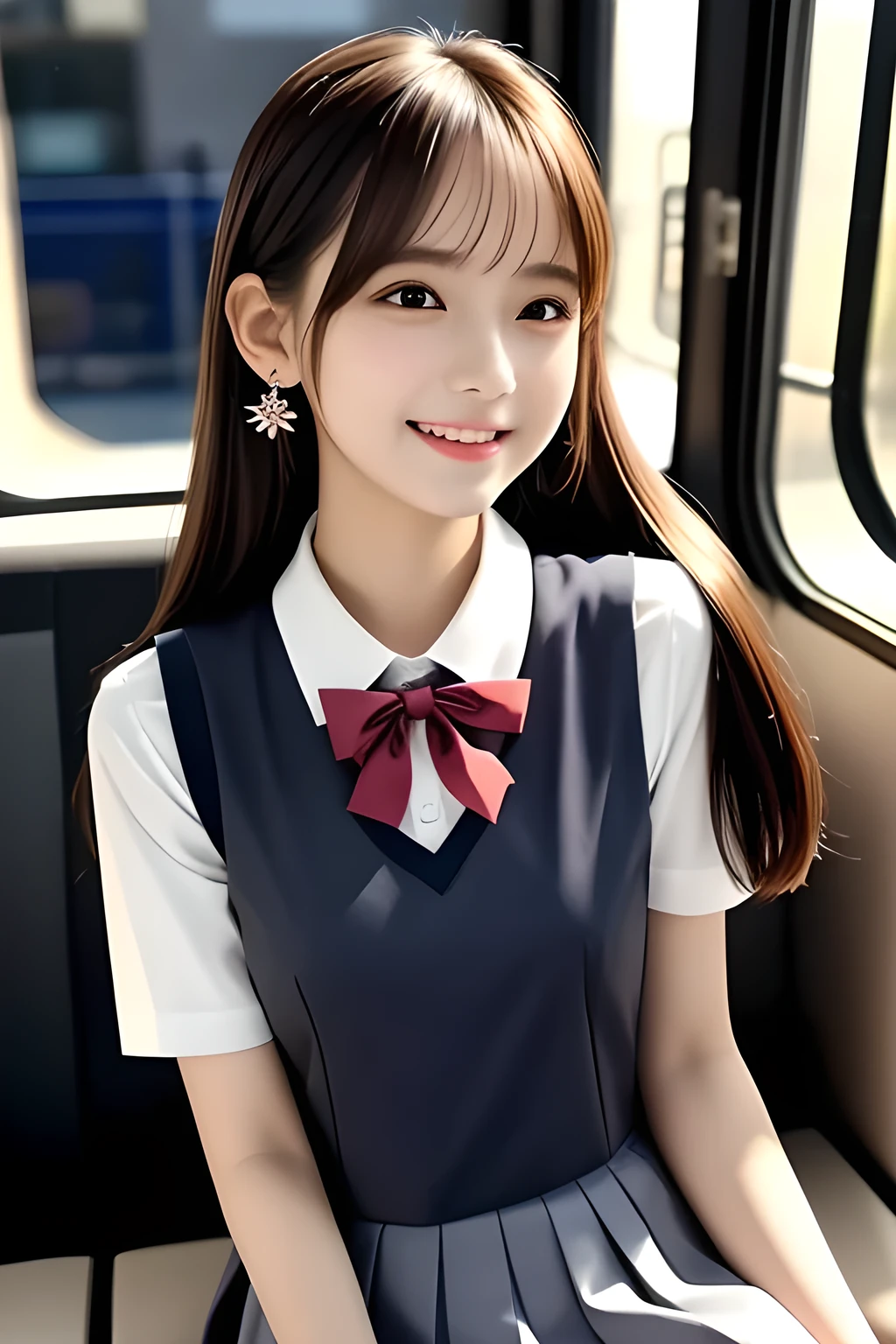 (highest quality, masterpiece, high resolution:1.2), 4K, (Photo quality detailed face: 1.4), (Giorgione painting style: 0.8), geometry, (14 yo cute girly Japanese girl is seated and looking me up in a train: 1.0), Laughing cutely, (neat girly white short-sleeves school blouse: 1.0), (puffed short sleeves: 1.0), (Dark red glossy school ribbon on the breast: 1.0), (Gray Japanese school girly vest Uniform: 1.2), (Box-pleated gray short school skirt: 1.2), (Extremely laughing cheeks: 1.0), (Beautiful light-amber cute-dolly large clear eyes with detailed cutely: 1.4), (Long bottom eyelashes: 1.2), (Expressing the greatest joy with her whole body: 1.2), (Glossy lips: 1.0), (Super-straight super-long hair: 1.5), (cute earrings), (white and clear skin: 1.0), (Laughing *** smiling super-cute eyes with detailed: 1.0), (Placing her beautiful white hands together like praying: 0.9), (Promoting Shampoo: 1.2)