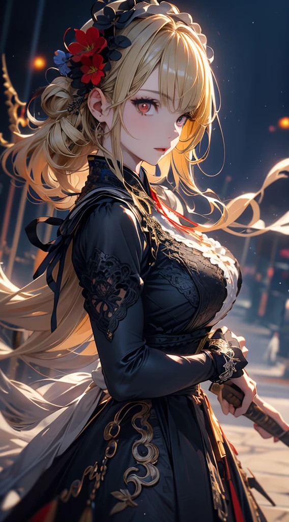 masterpiece, high quality, 4K, Beautiful design, silhouette，blonde， 非常に詳細な夜のStarry Sky,Flower Field， wonderful, Finer details,  Very knowledgeable woman, Highly detailed solo, 1 female,Red eyes，Big Breasts，Gothic Lolita Fashion，Night view，Starry Sky，full moon，